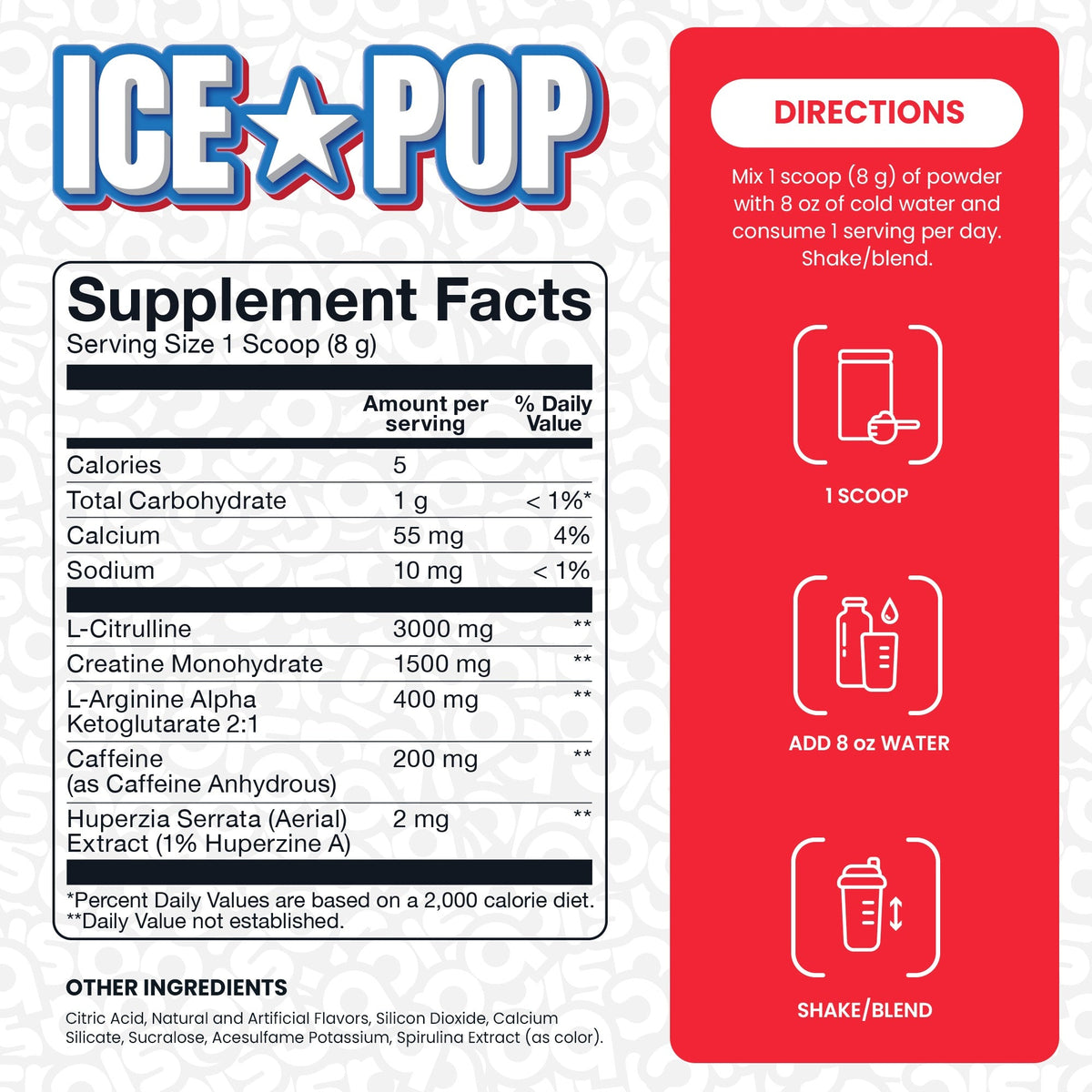 Nutrition facts for Basic Supplements Basic Pre - Ice Pop