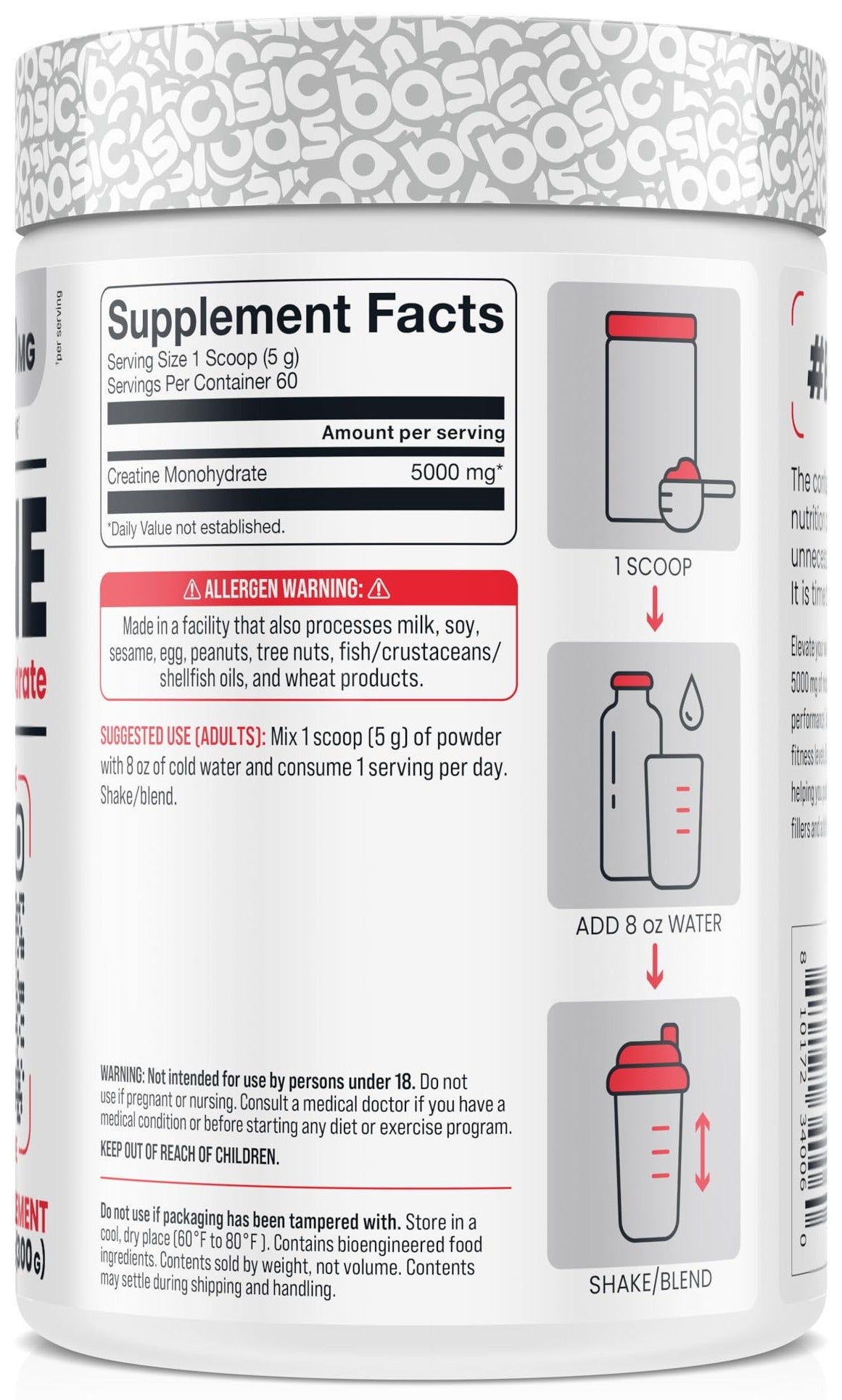 Nutrition facts for Basic Supplements Creatine Micronized Monohydrate - Unflavored