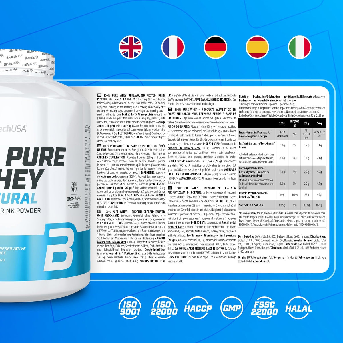 Nutrition facts for BioTechUSA 100% Pure Whey Natural 5 LBS (Unflavored) - Unflavored