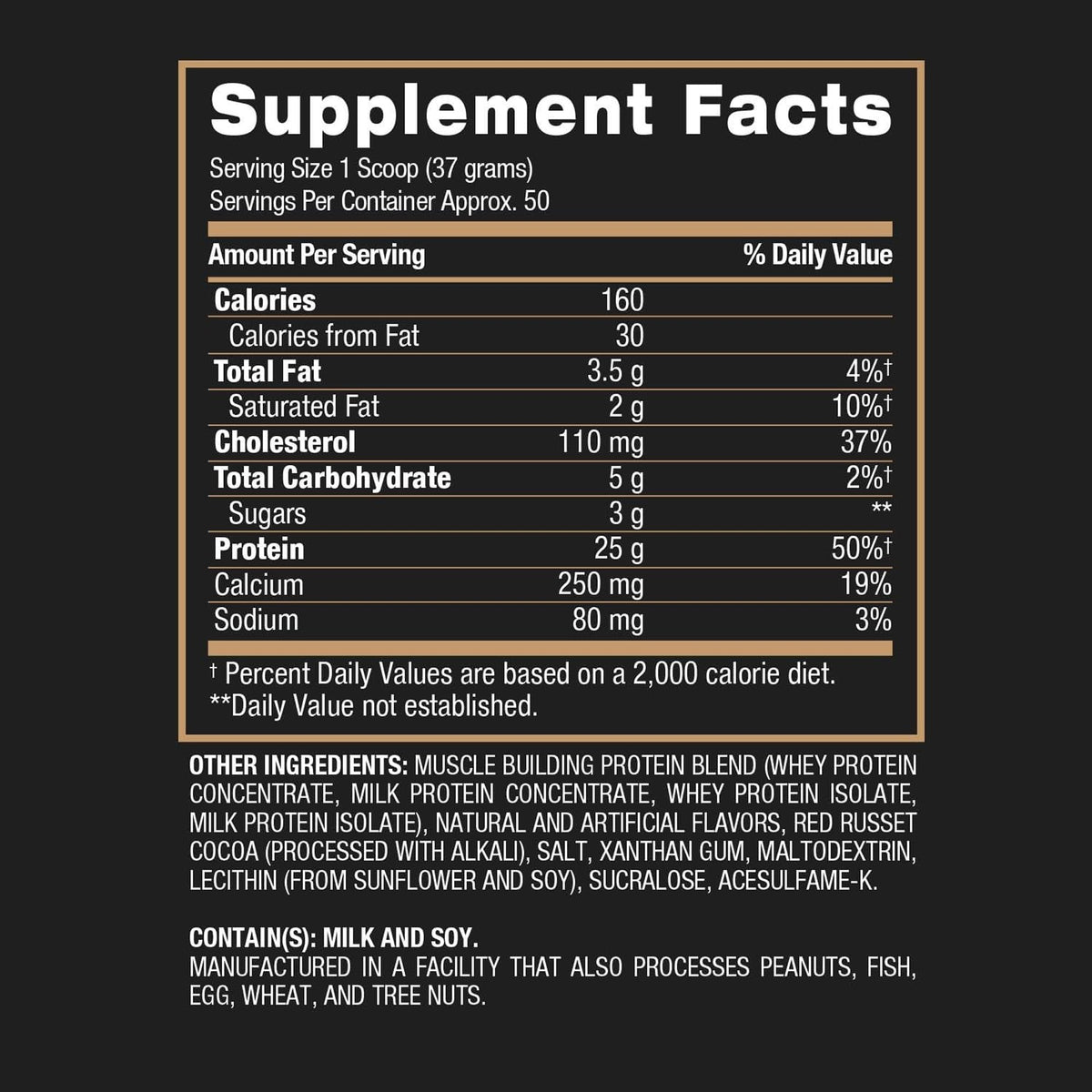 Nutrition facts for BPI Sports Whey HD 4LBS (50 Servings) - Chocolate Cookie