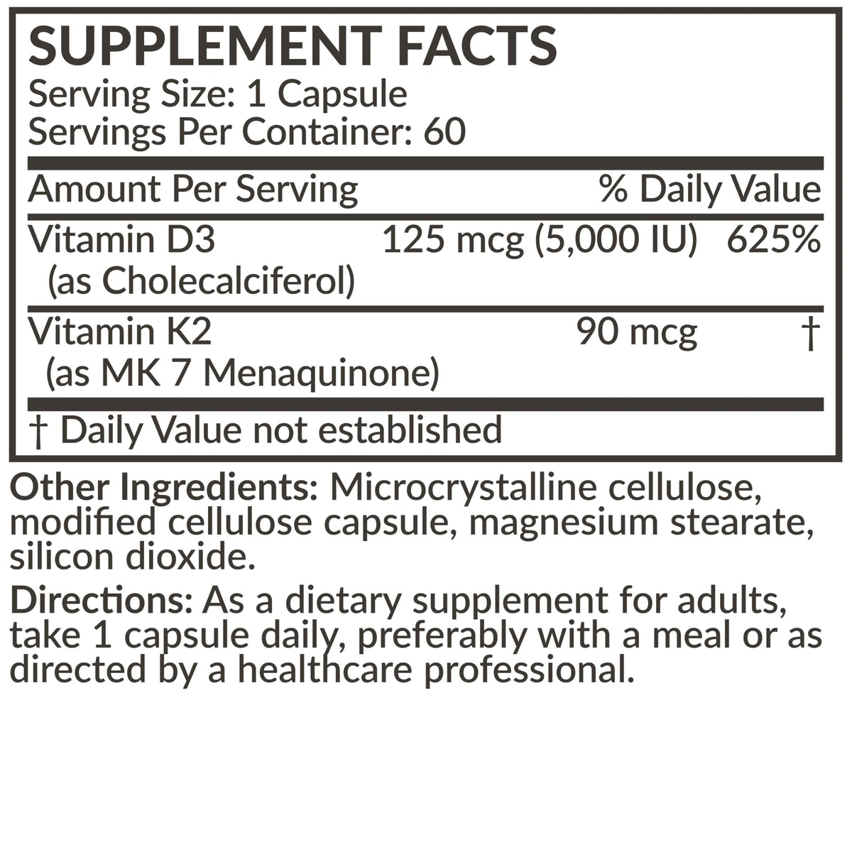 Nutrition facts for FUTUREBIOTICS D3+K2 (5000IU)