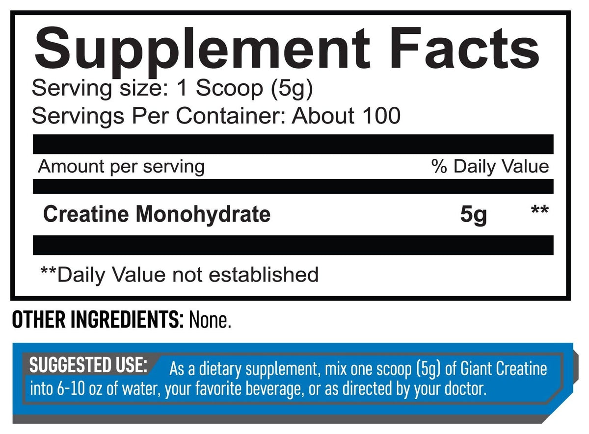 Nutrition facts for Giant Sports International Creatine Monohydrate 500g (100 Servings)