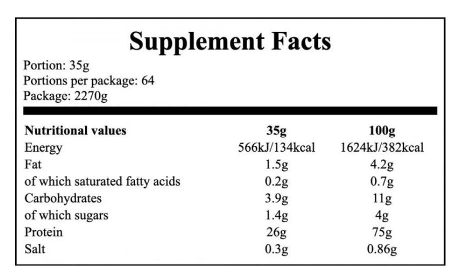 Nutrition facts for Olimp Whey Protein Complex 5lbs (65 Servings) - Cookies & Cream