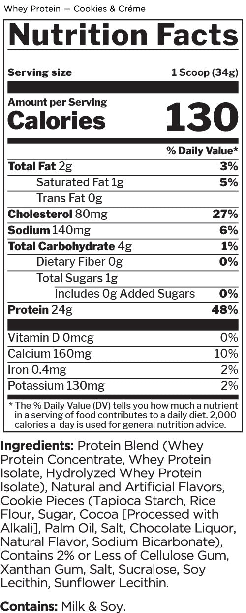 Nutrition facts for Rule 1 Whey Protein 5 LBS - Cookies & Creme