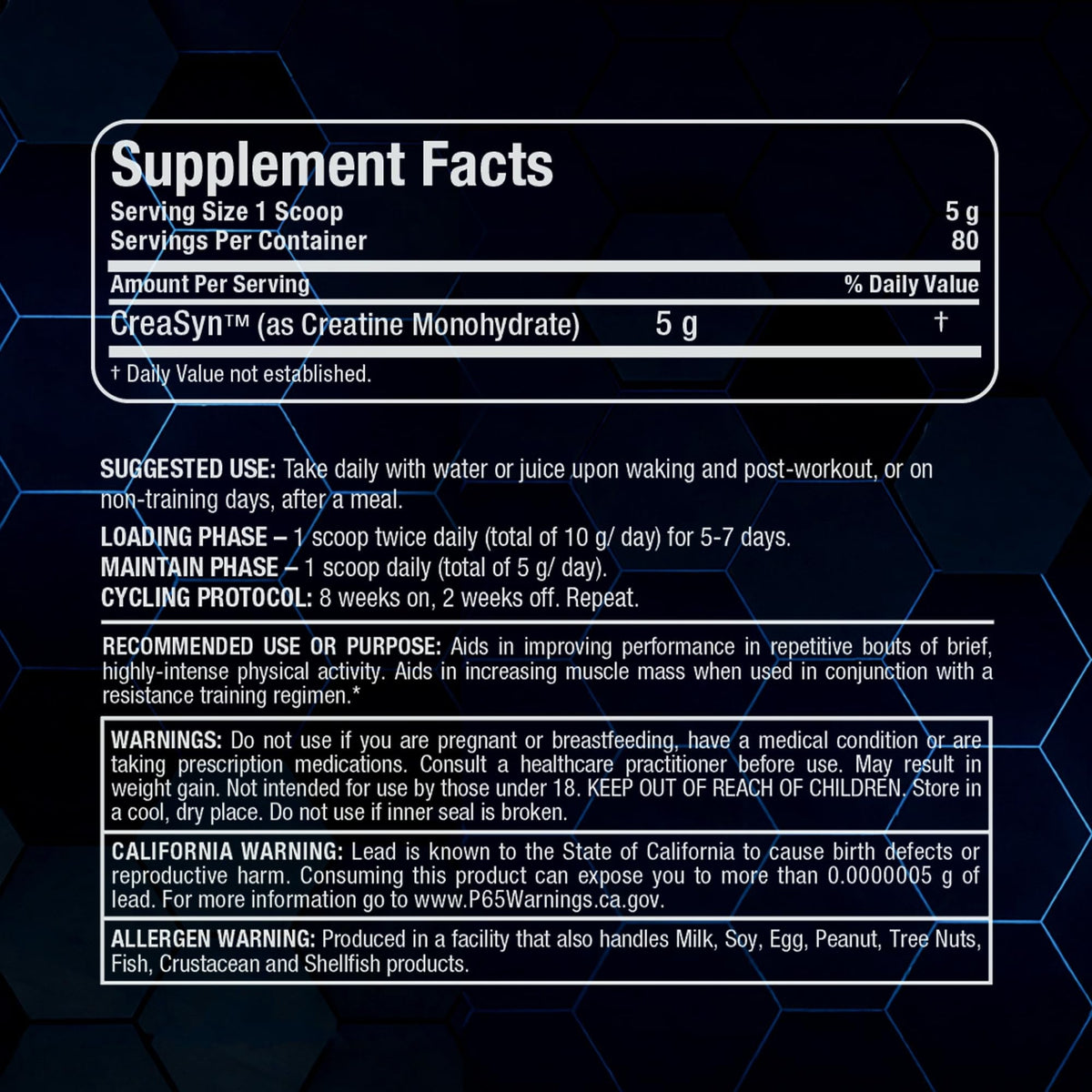 Nutrition facts for ALLMAX Creatine Pharmaceutical Grade - Unflavored