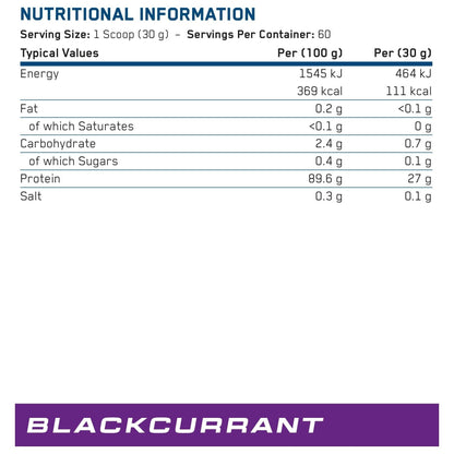 Nutrition facts for Applied Nutrition Beef-XP Clear Isolate 1.8kg (60 Servings) - Millions Blackcurrant