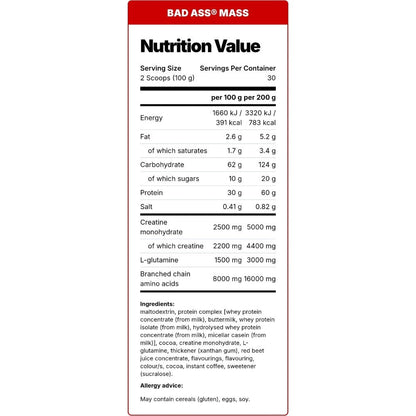 Nutrition facts for BAD ASS MASS - Snickers