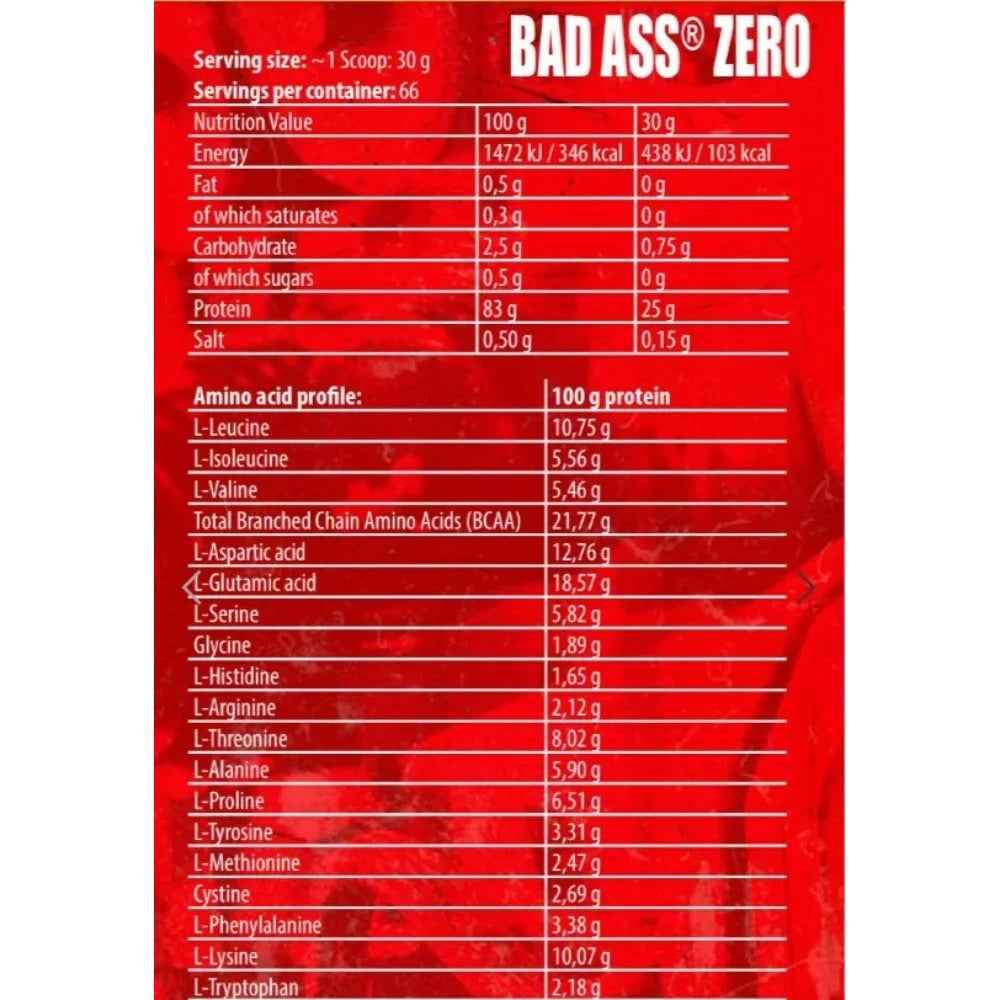 Nutrition facts for BAD ASS ZERO  2KG - Chocolate