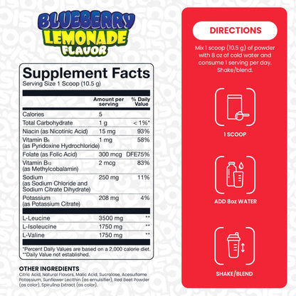 Nutrition facts for Basic Supplements Basic BCAA - Blueberry Lemonade
