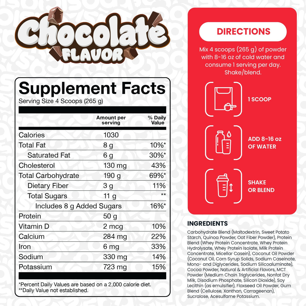 Nutrition facts for Basic Supplements Basic Mass Gainer - Chocolate
