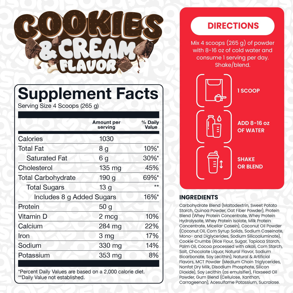 Nutrition facts for Basic Supplements Basic Mass Gainer - Cookies & Cream