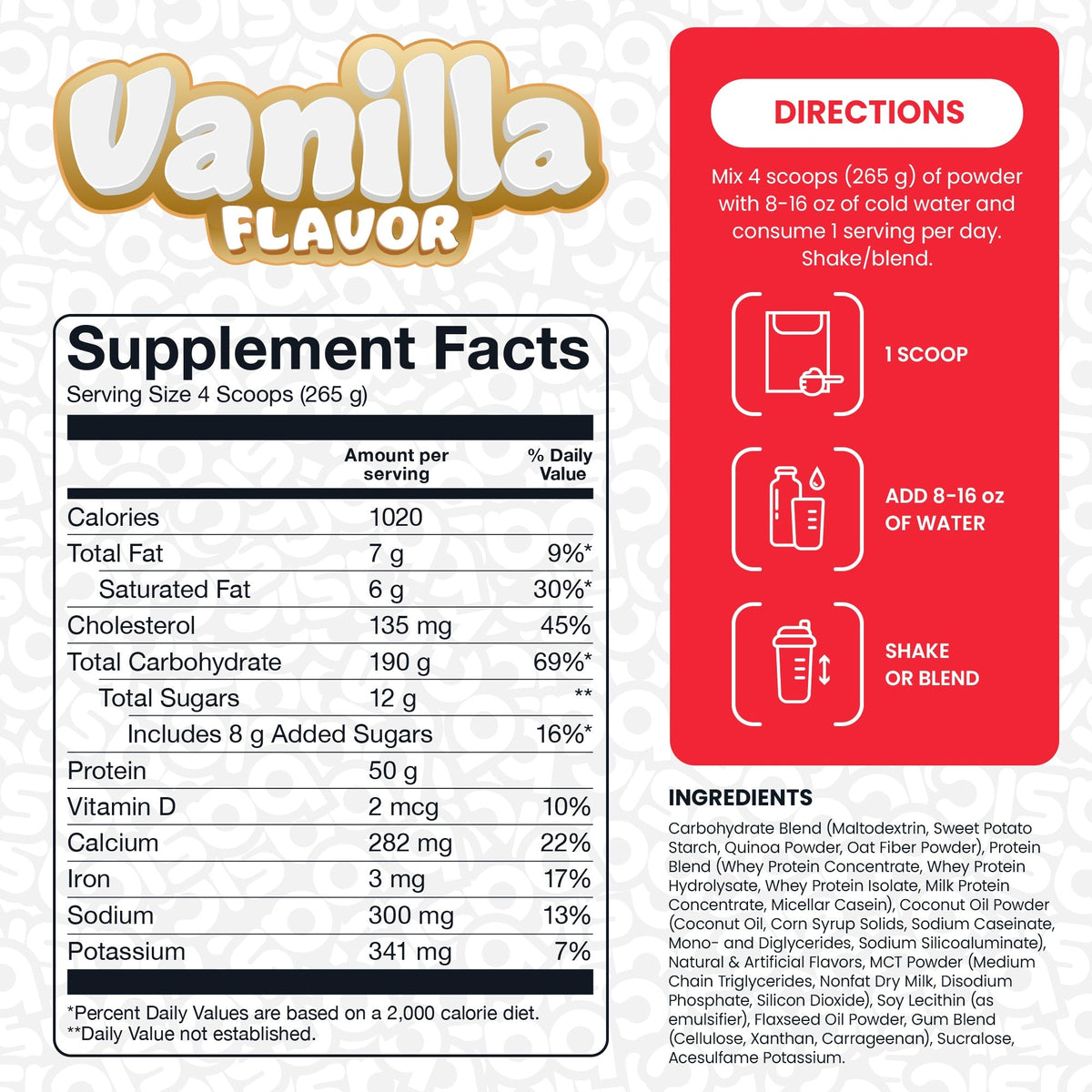 Nutrition facts for Basic Supplements Basic Mass Gainer - Vanilla