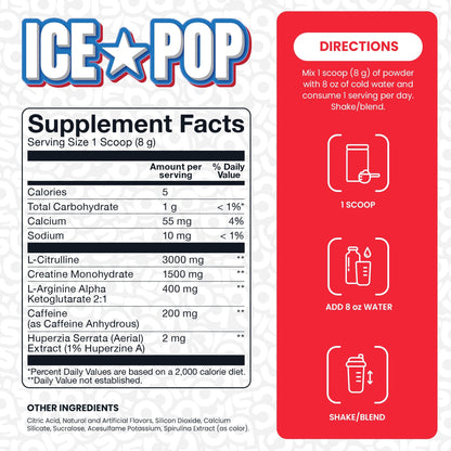 Nutrition facts for Basic Supplements Basic Pre - Ice Pop