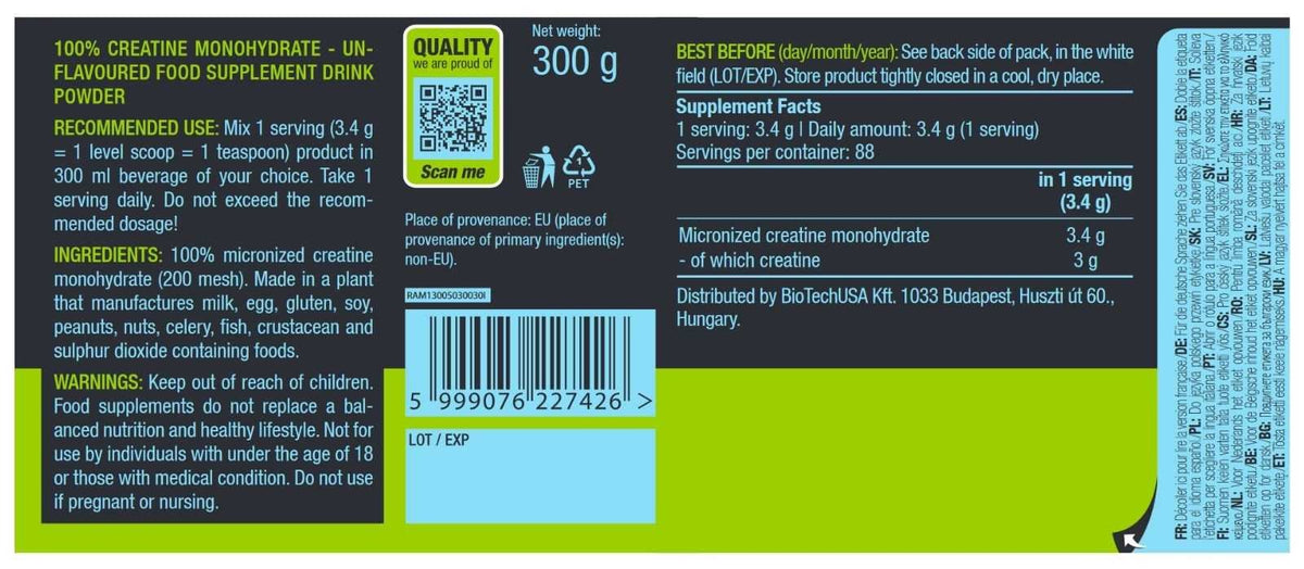 Nutrition facts for BioTechUSA 100% Creatine Monohydrate (300g/500g) - Unflavored