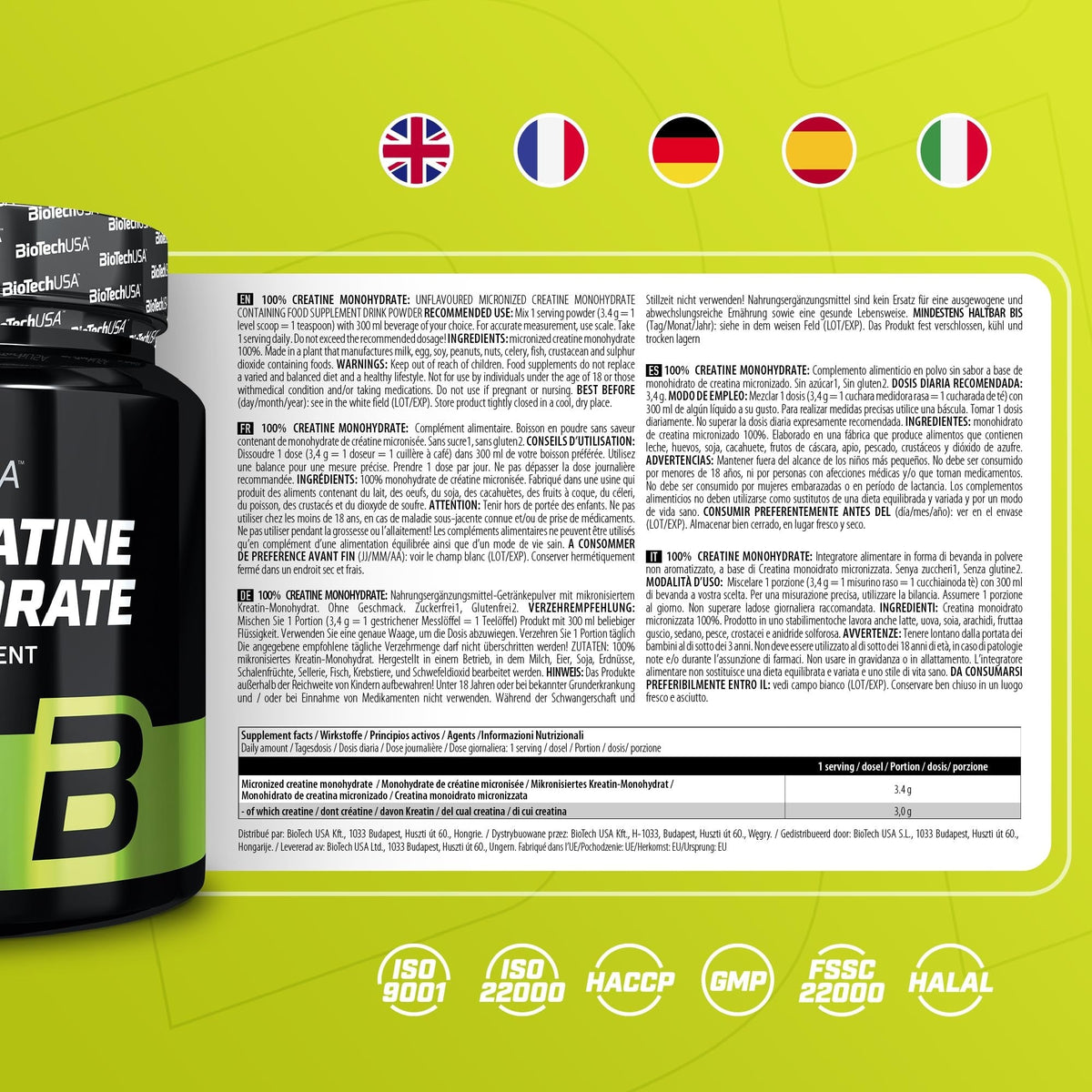 Nutrition facts for BioTechUSA 100% Creatine Monohydrate (300g/500g) - 500G