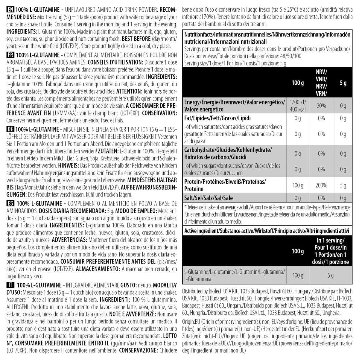 Nutrition facts for BioTechUSA 100% L-Glutamine 240g - Unflavored