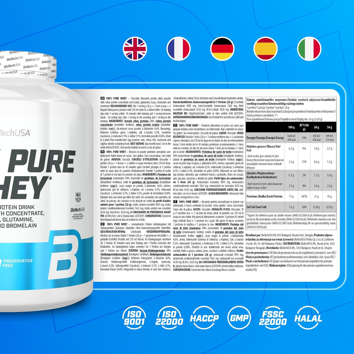 Nutrition facts for BioTechUSA 100% Pure Whey - Chocolate
