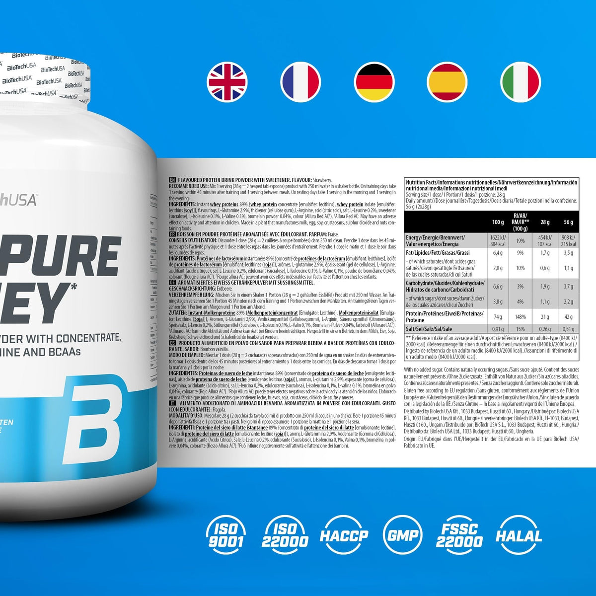 Nutrition facts for BioTechUSA 100% Pure Whey - Strawberry