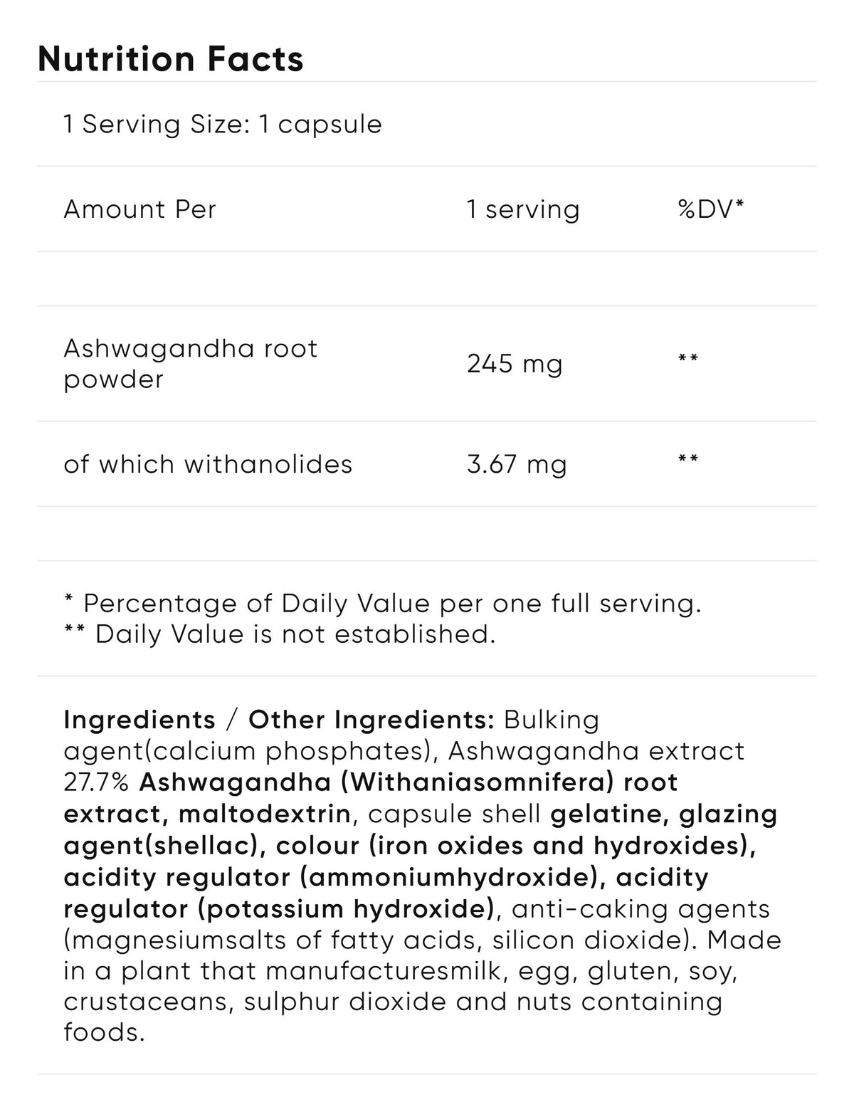 Nutrition facts for BioTechUSA Ashwagandha (60 Caps)