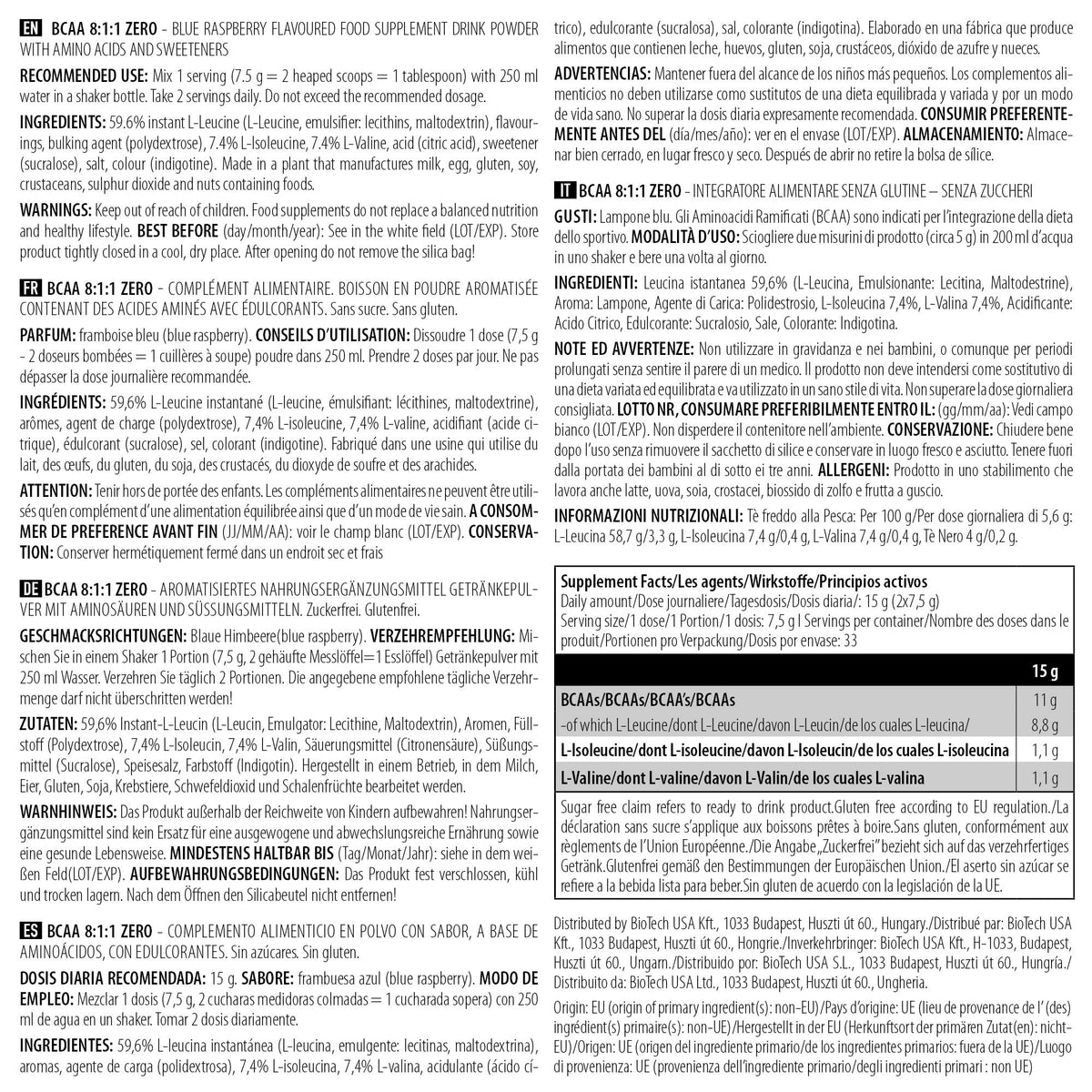Nutrition facts for BioTechUSA BCAA 8:1:1 ZERO - Blue Raspberry
