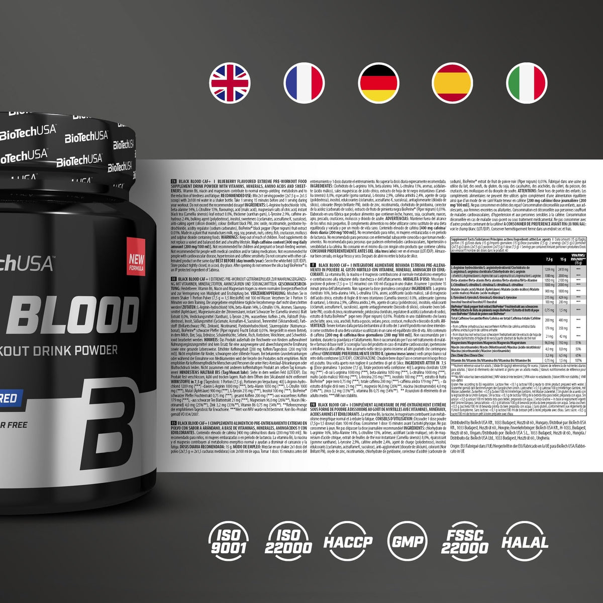 Nutrition facts for BioTechUSA BLACK BLOOD CAF+ - Blueberry