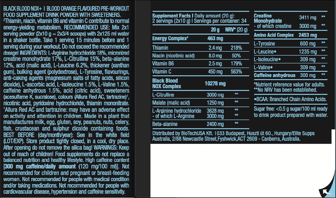 Nutrition facts for BioTechUSA BLACK BLOOD NOX+ - Blood Orange