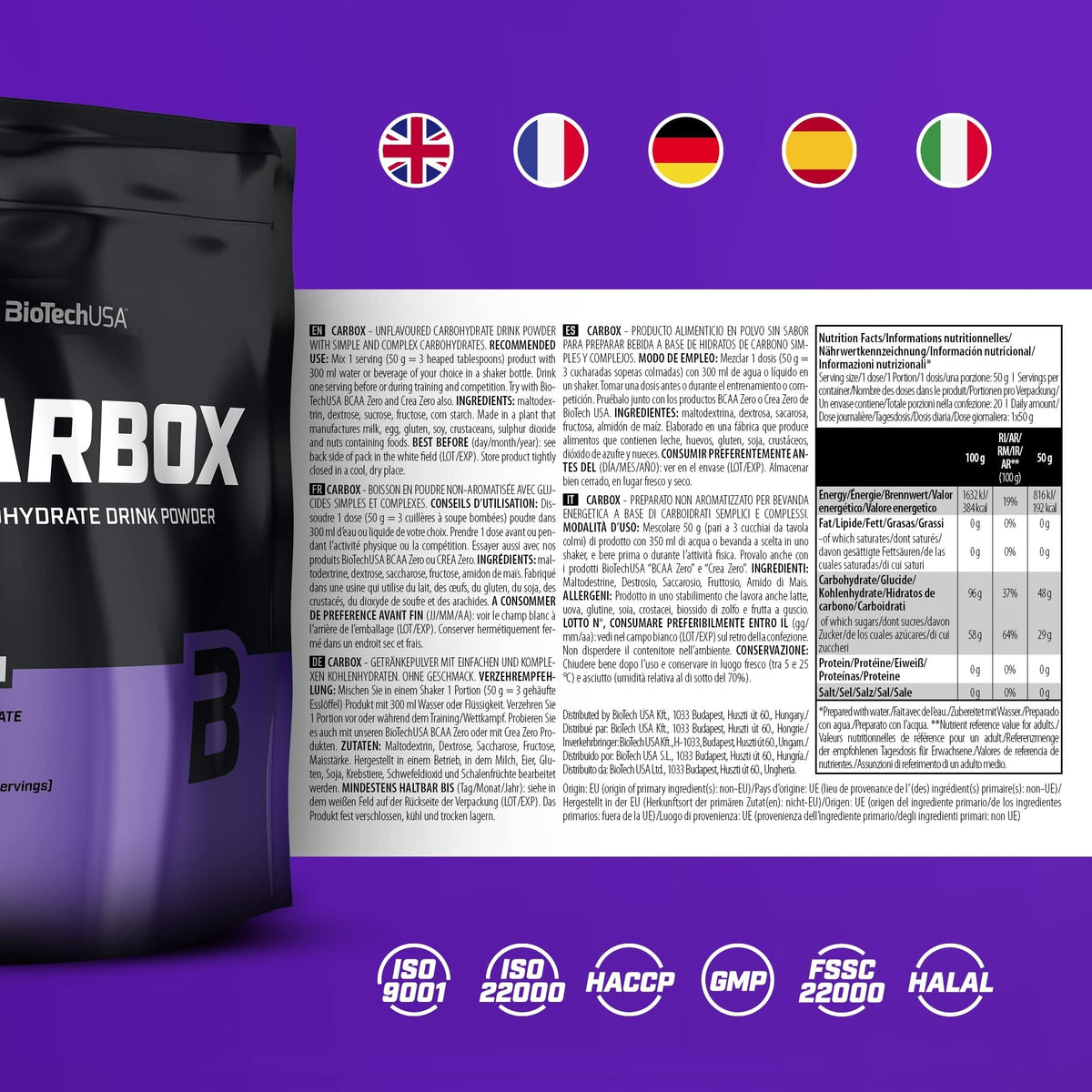 Nutrition facts for BioTechUSA Carbox 1Kg - Orange