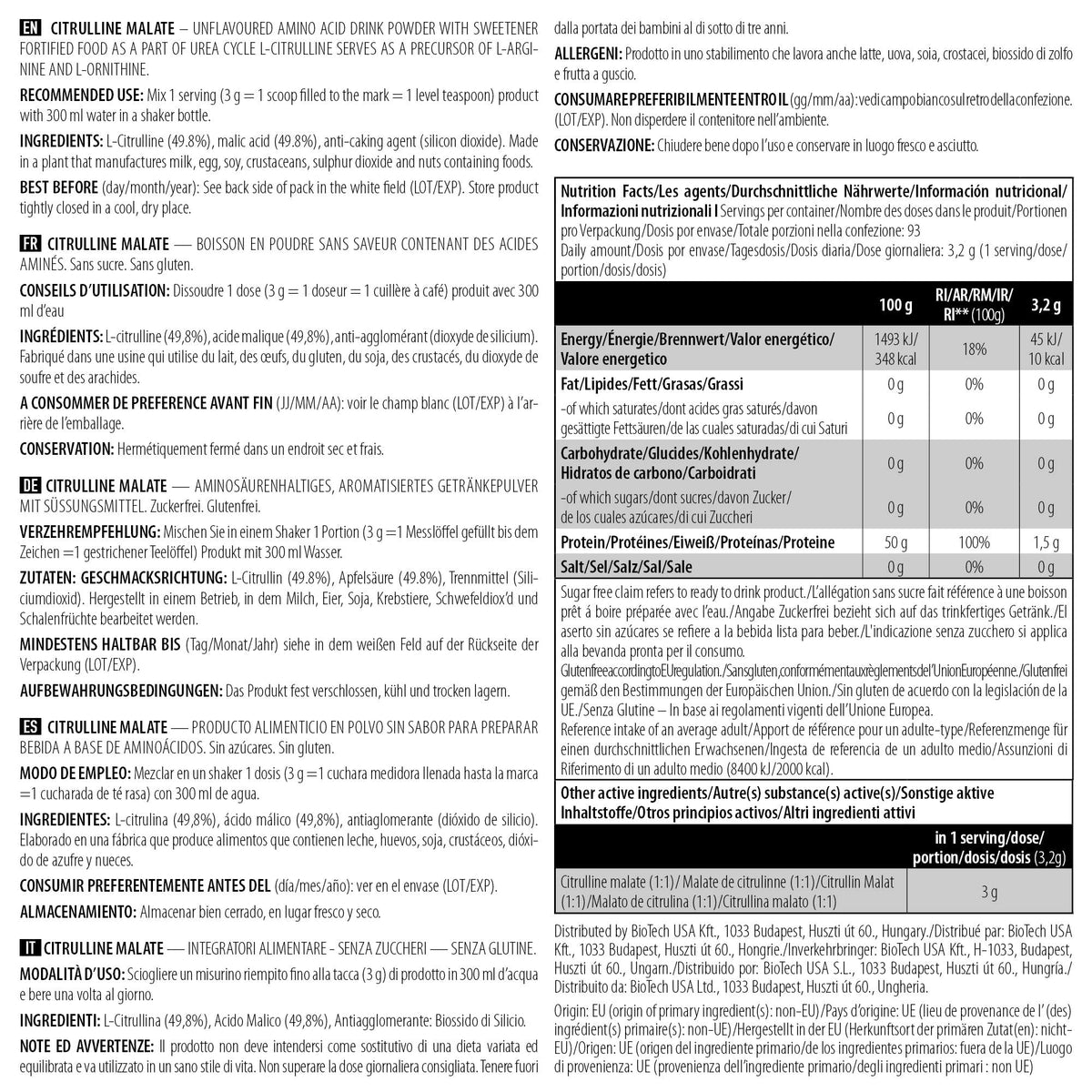 Nutrition facts for BioTechUSA Citrulline Malate Powder 300g - Unflavored