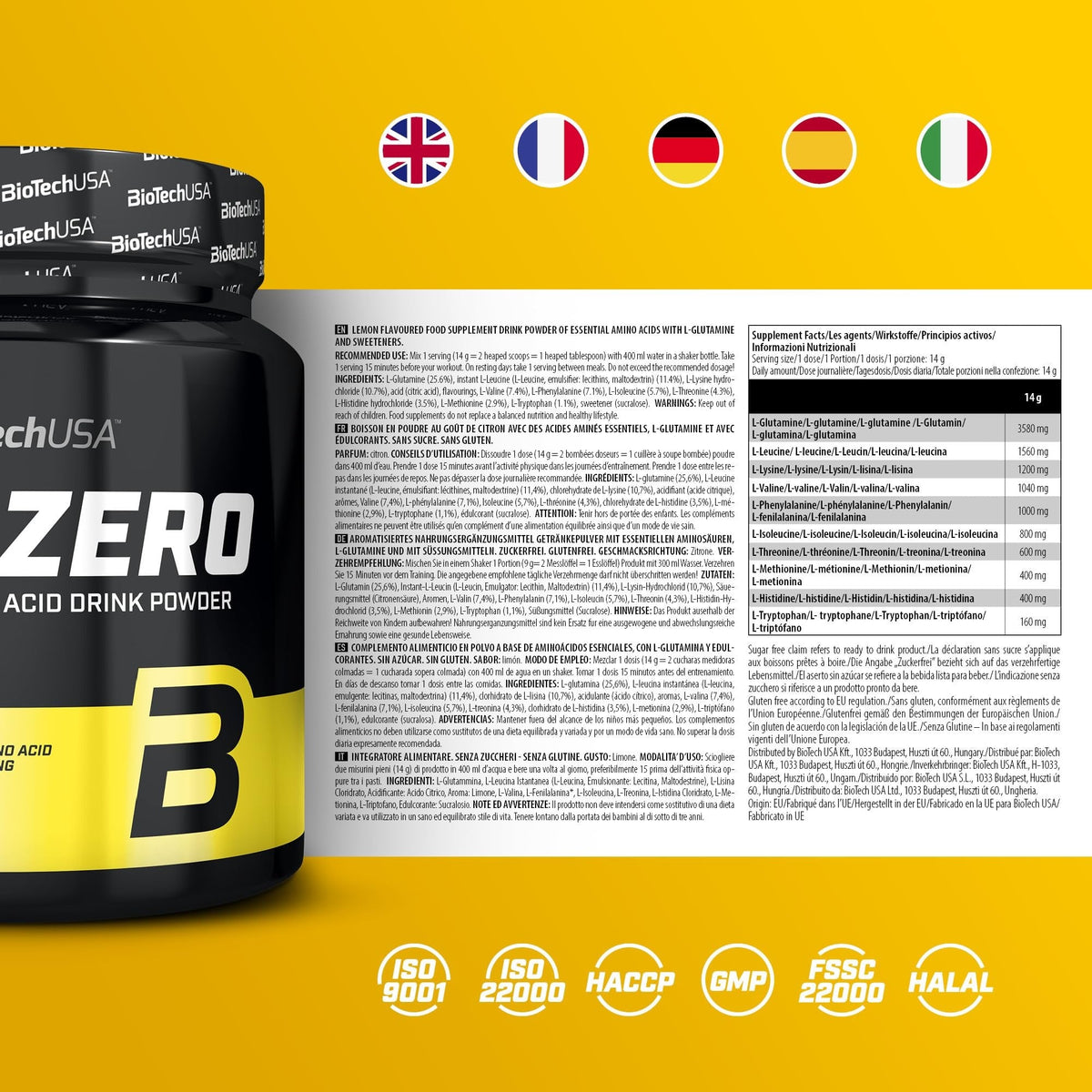 Nutrition facts for BioTechUSA EAA ZERO - Lemon