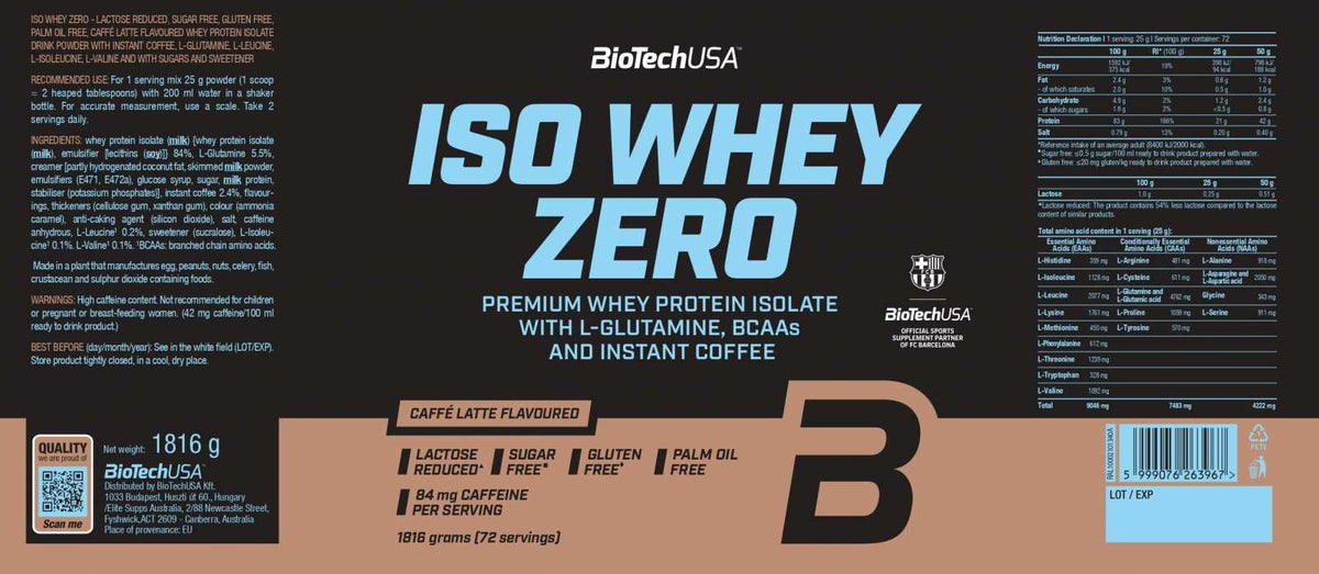 Nutrition facts for BioTechUSA Iso Whey Zero 1.81 Kg (72 Servings) - Caffé Latte