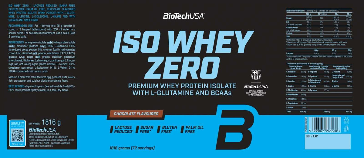 Nutrition facts for BioTechUSA Iso Whey Zero 1.81 Kg (72 Servings) - Chocolate