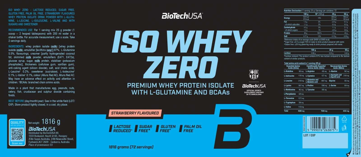 Nutrition facts for BioTechUSA Iso Whey Zero 1.81 Kg (72 Servings) - Strawberry