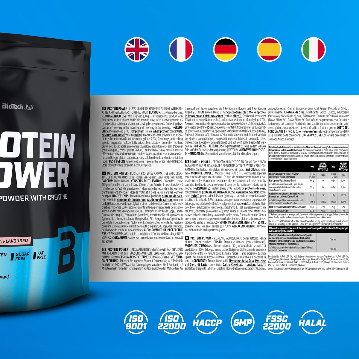 Nutrition facts for BioTechUSA Protein Power 1kg (33 Servings) - Strawberry Banana