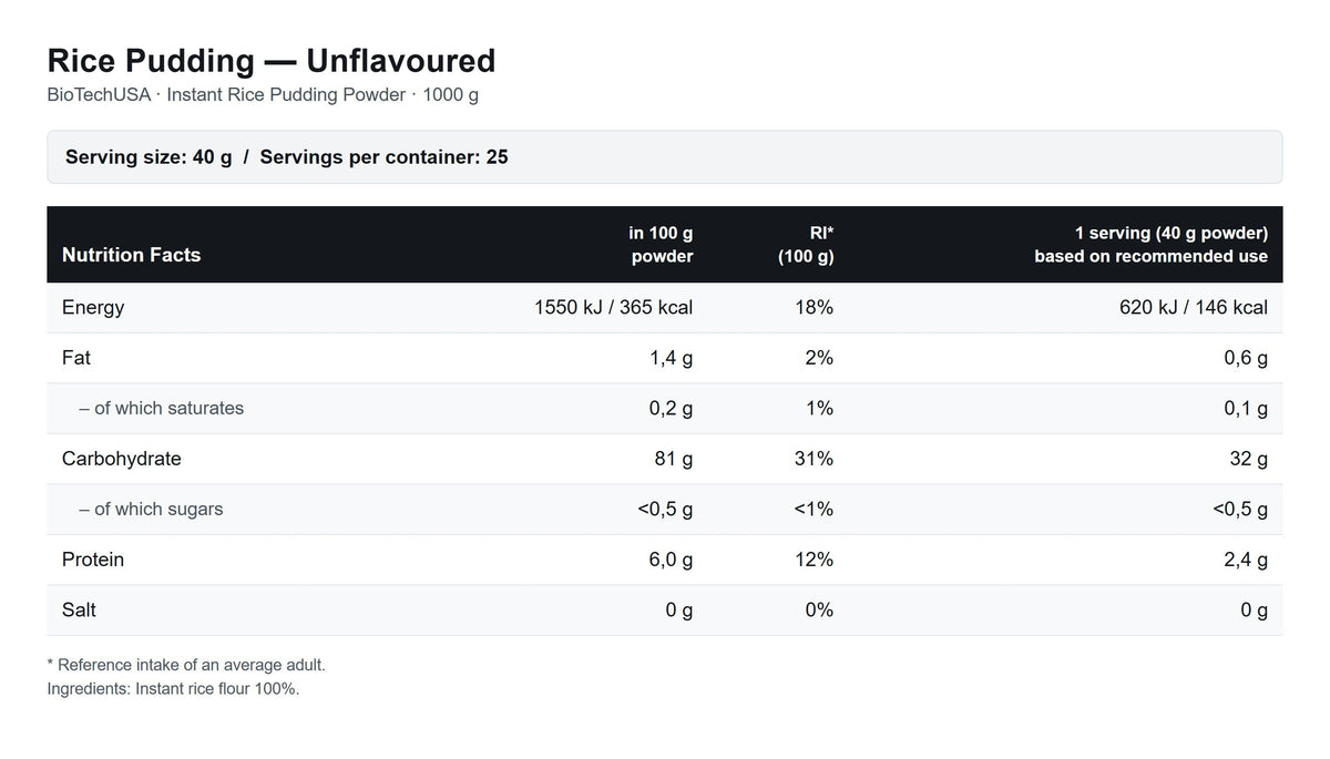 Nutrition facts for BioTechUSA RICE PUDDING - Unflavored