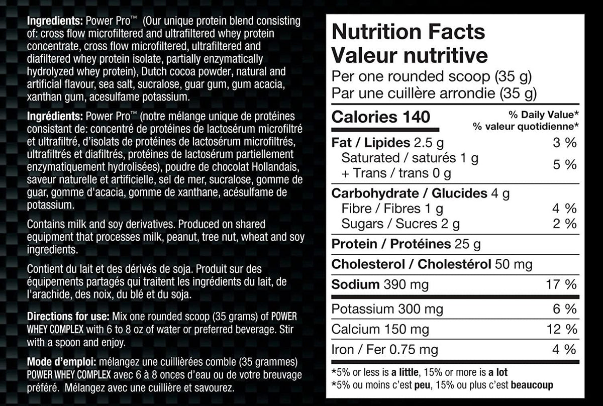 Nutrition facts for BioX Power Whey Complex - Chocolate Peanut Swirl