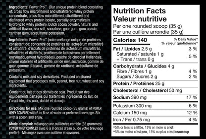 Nutrition facts for BioX Power Whey Complex - Chocolate Peanut Swirl