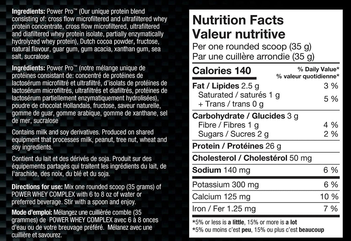 Nutrition facts for BioX Power Whey Complex - Chocolate
