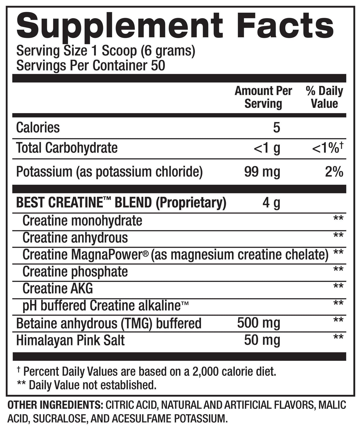 Nutrition facts for BPI Sports Best Creatine 300g Flavored (6 Creatine Types) - Fruit Punch