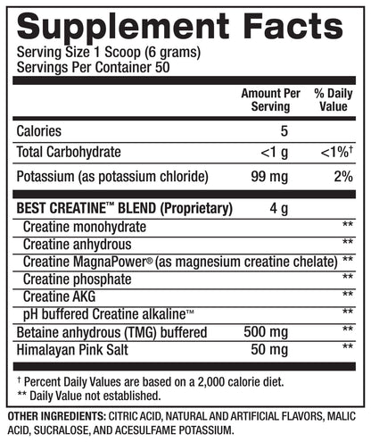 Nutrition facts for BPI Sports Best Creatine 300g Flavored (6 Creatine Types) - Fruit Punch