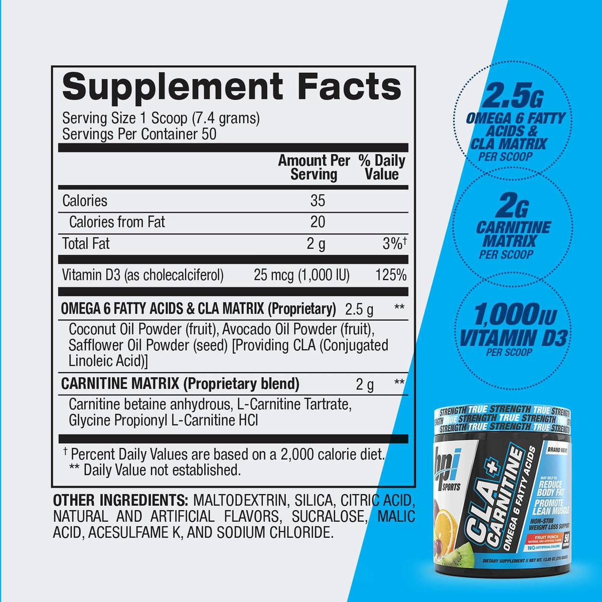 Nutrition facts for BPI Sports Bpi CLA + Carnitine - Fruit Punch