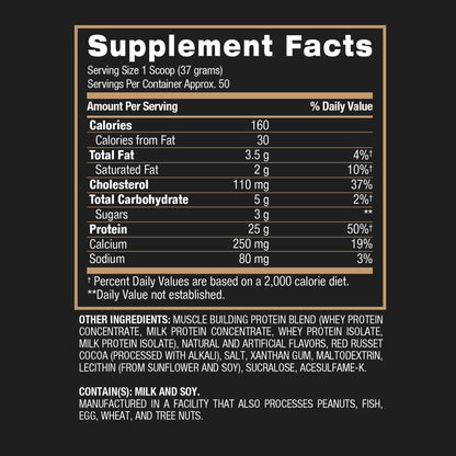 Nutrition facts for BPI Sports Whey HD 4LBS (50 Servings) - Chocolate Cookie