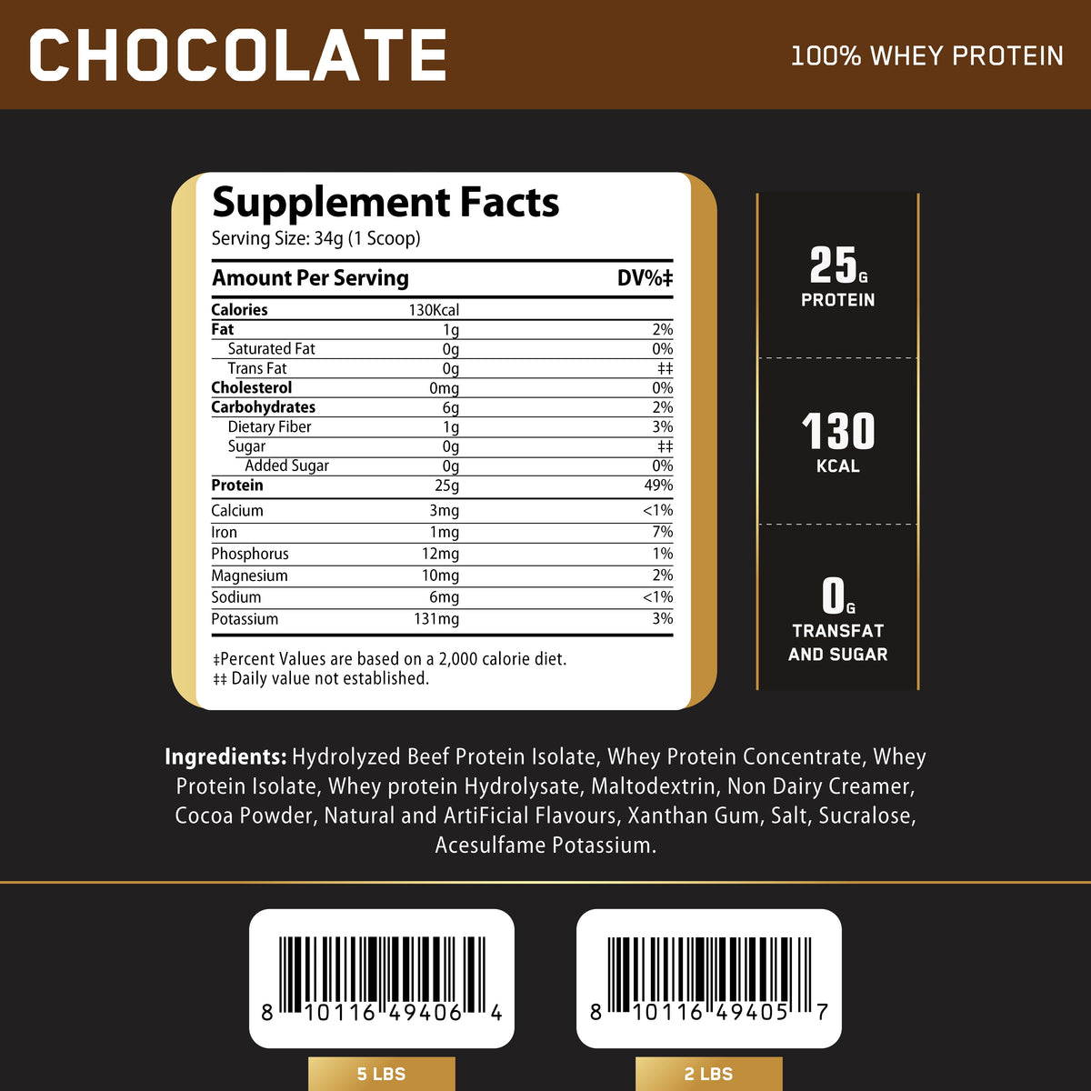 Nutrition facts for Challenger Nutrition 100% Whey Protein - Chocolate