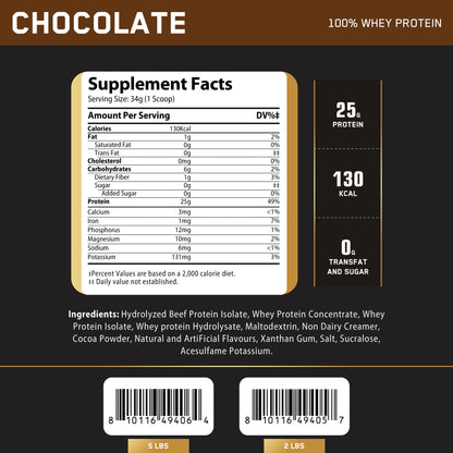 Nutrition facts for Challenger Nutrition 100% Whey Protein - Chocolate