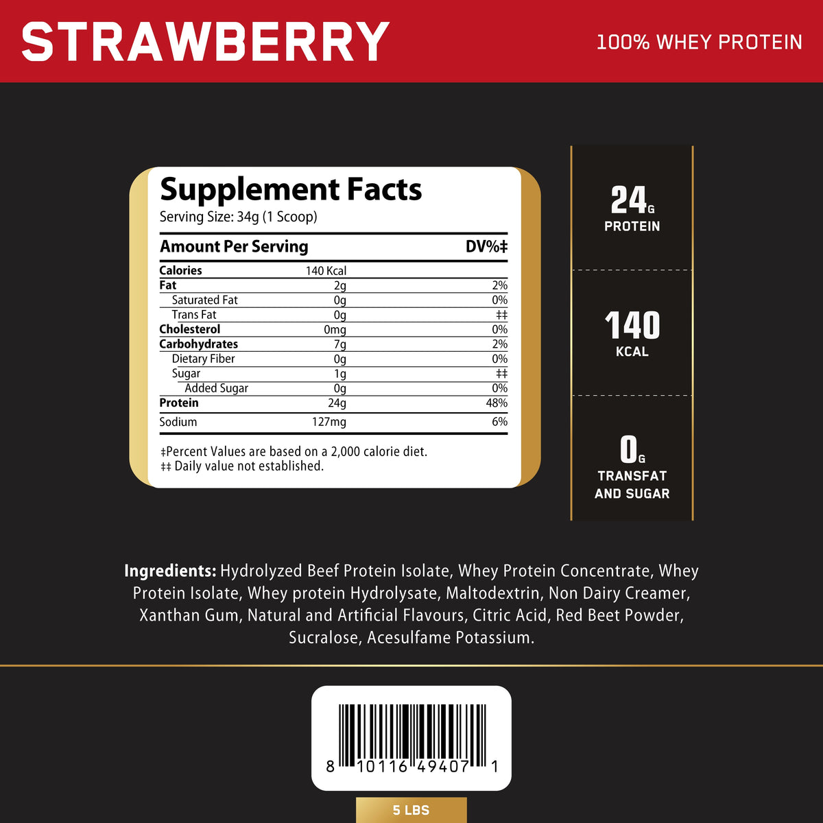 Nutrition facts for Challenger Nutrition 100% Whey Protein - Strawberry