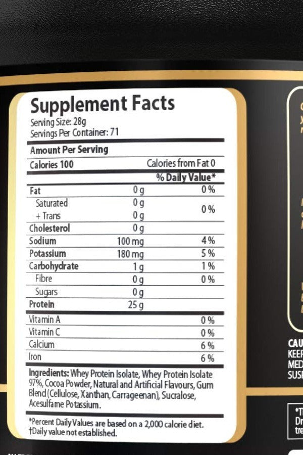 Nutrition facts for Challenger Nutrition Whey Isolate - Chocolate