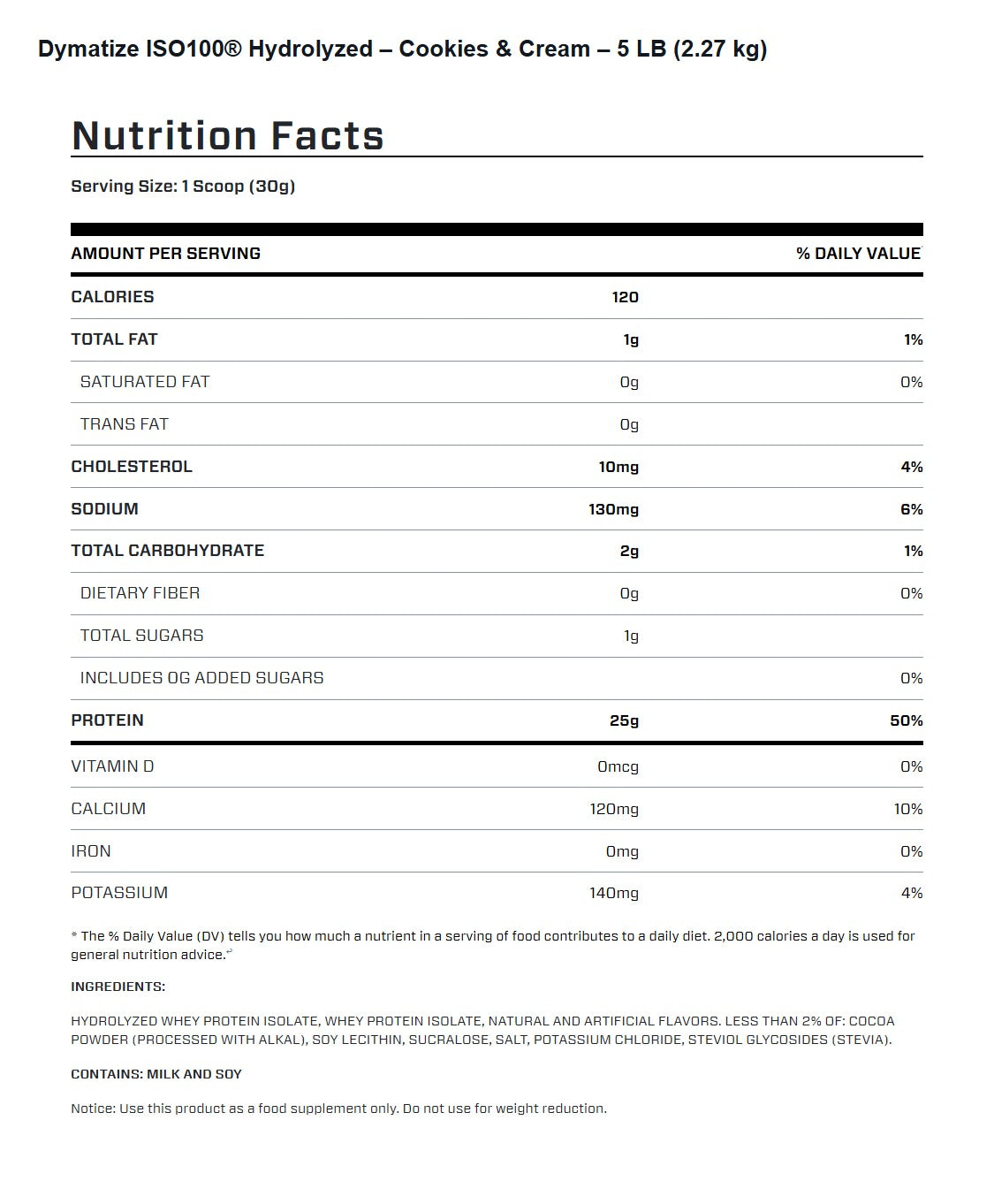 Nutrition facts for Dymatize ISO100 Hydrolyzed Protein Powder - Cookies & Cream