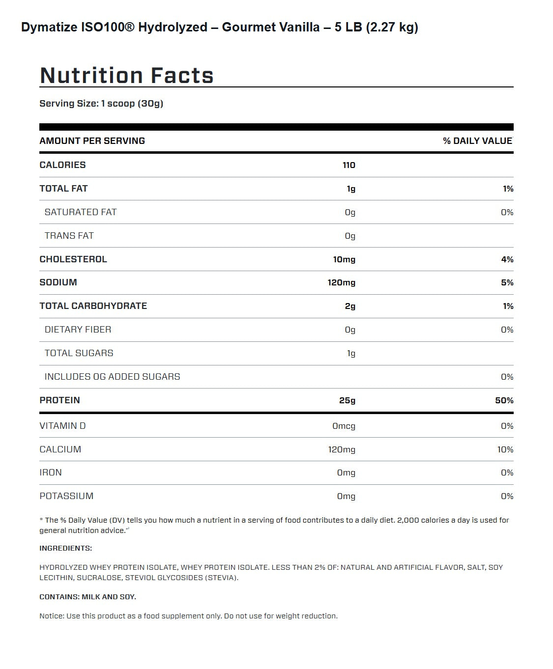Nutrition facts for Dymatize ISO100 Hydrolyzed Protein Powder - Gourmet Vanilla