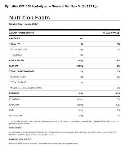 Nutrition facts for Dymatize ISO100 Hydrolyzed Protein Powder - Gourmet Vanilla