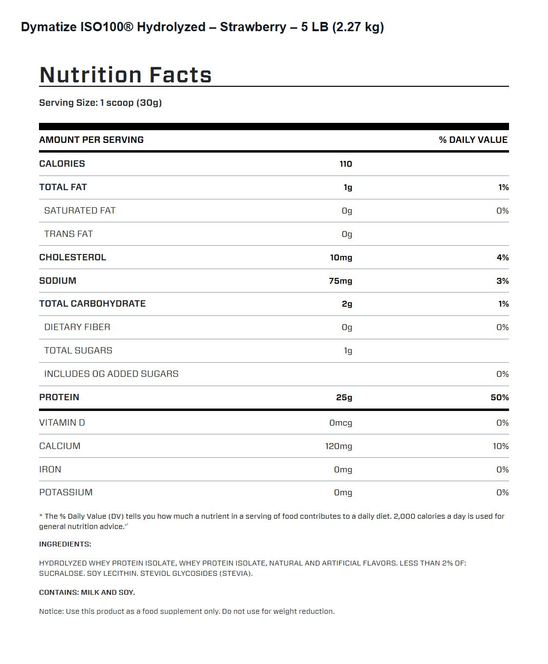 Nutrition facts for Dymatize ISO100 Hydrolyzed Protein Powder - Strawberry