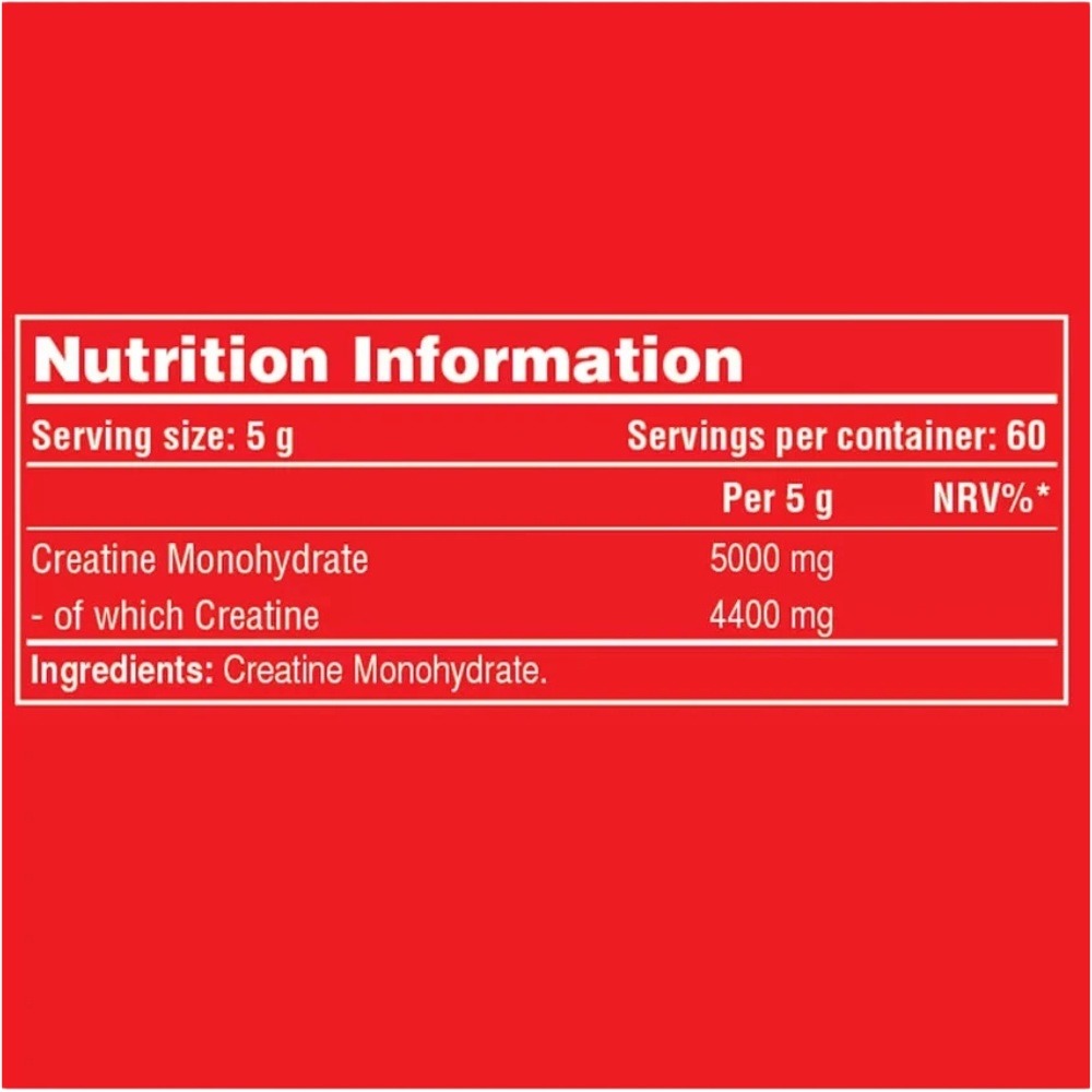Nutrition facts for Galvanize Nutrition Creatine Monohydrate 300g/500g